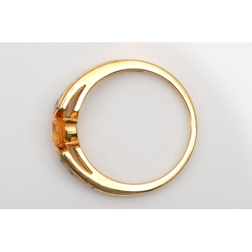 110 - A 9ct gold yellow sapphire dress ring, with diamonds set to the shoulders, N-O, 2.6gm.