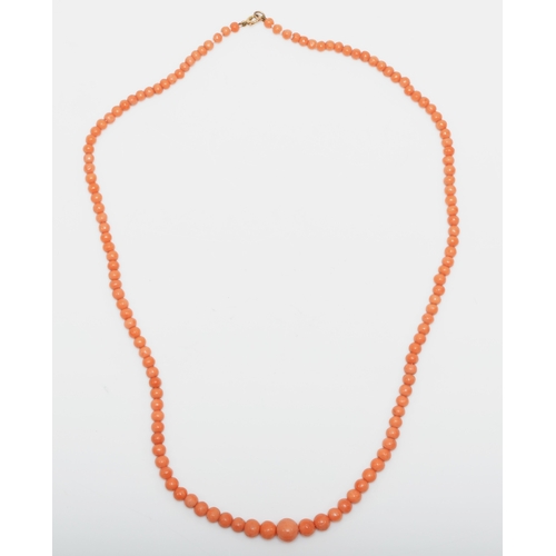 114 - A Victorian unmarked gold clasped graduating coral necklace, 3-8 mm beads.