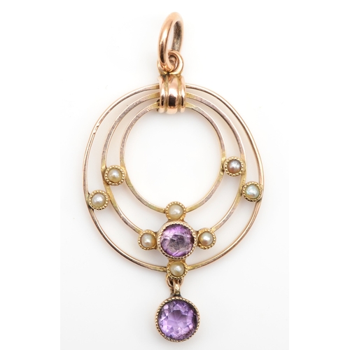 125 - An Edwardian 9ct rose gold amethyst and pearl open work pendant, 20 x 31mm, 3gm.