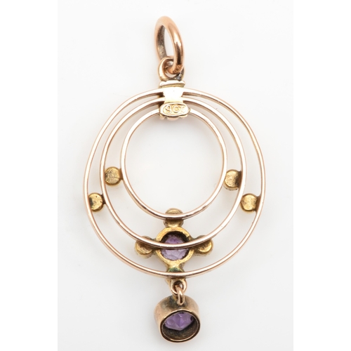 125 - An Edwardian 9ct rose gold amethyst and pearl open work pendant, 20 x 31mm, 3gm.