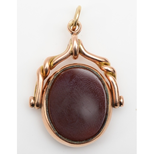 128 - A Victorian 9ct gold bloodstone and carnelian swivel fob, by Barker Brothers, Birmingham 1888,  9gm.