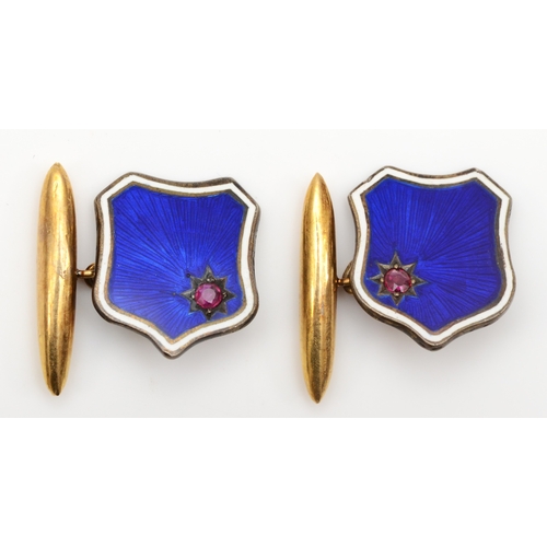 139 - A pair of early 20th century unmarked gold and silver guilloche enameled shield cuff links, set with... 