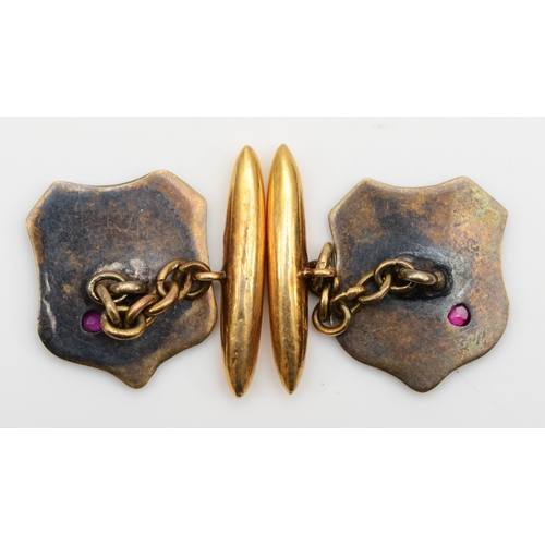 139 - A pair of early 20th century unmarked gold and silver guilloche enameled shield cuff links, set with... 