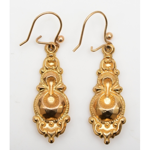 144 - A pair of Victorian unmarked gold drop earrings, on later posts, 32mm, 2.3gm.