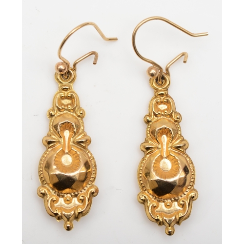 144 - A pair of Victorian unmarked gold drop earrings, on later posts, 32mm, 2.3gm.