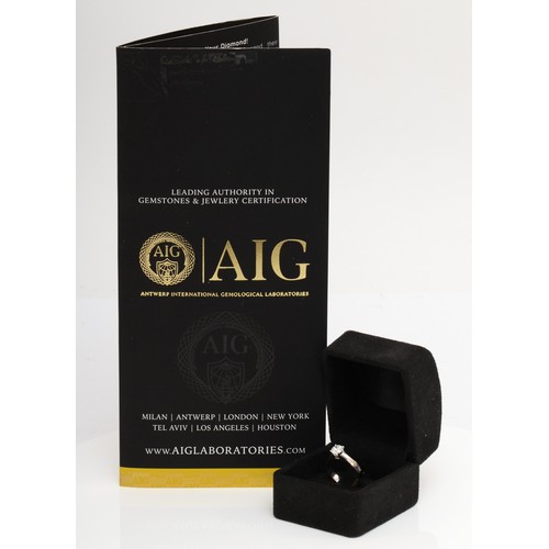 A 14K white gold single stone brilliant cut diamond ring, AIG certificate number J3010574020, weight stated 1.01cts, colour F, clarity SI1, cut very good, O-P, 3.6gm, bearing Israeli control mark and stamped 585, sold with the certificate.