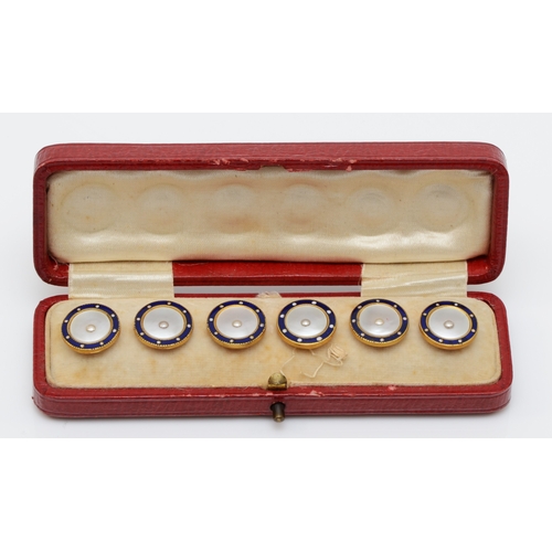 158 - A set of early 20th century gold plated enamel and mother of pearl dress buttons, 14mm, cased in ori... 