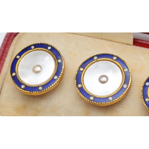 158 - A set of early 20th century gold plated enamel and mother of pearl dress buttons, 14mm, cased in ori... 