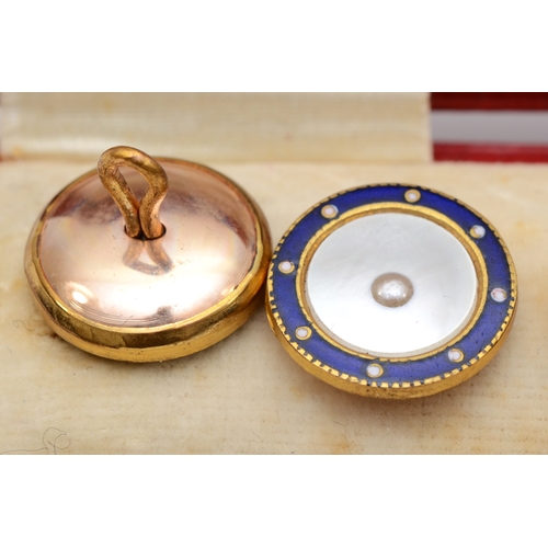 158 - A set of early 20th century gold plated enamel and mother of pearl dress buttons, 14mm, cased in ori... 