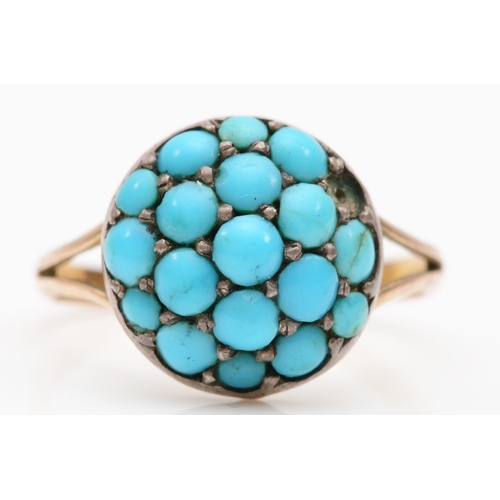 159 - A late Victorian 9ct gold turquoise cluster ring, K, 2.2gm.