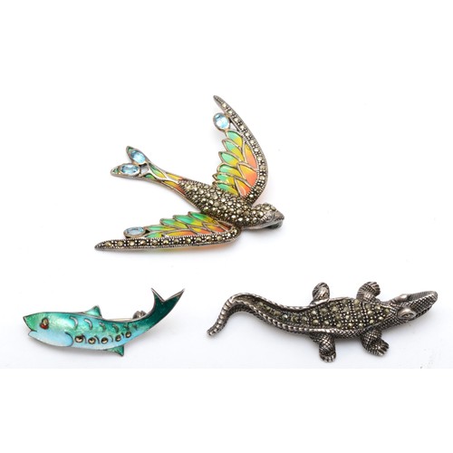 163 - An Art Deco silver enamel and marcasite novelty fish brooch, Bernard Instone, 44mm, together with a ... 