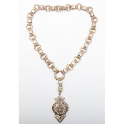 166 - A 19th century unmarked silver floral filigree pendant and collar necklace, 70mm, 66gm.