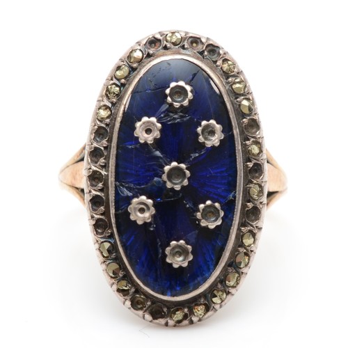 168 - A French early 20th century gold and silver enamelled marcasite dress ring, bearing control mark, O,... 