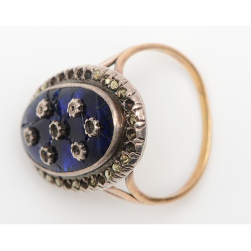 168 - A French early 20th century gold and silver enamelled marcasite dress ring, bearing control mark, O,... 