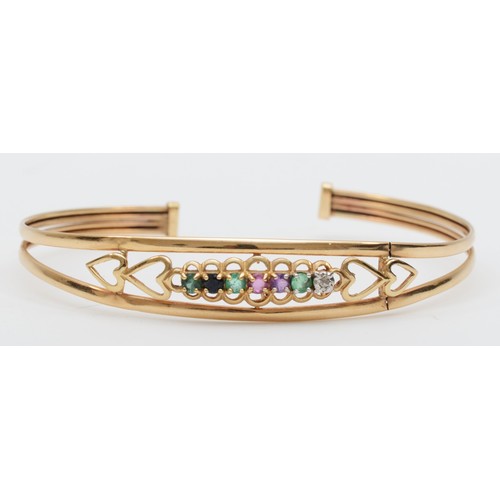 174 - A 9ct gold Dearest bangle, set with diamond, emerald, amethyst, ruby, emerald, sapphire, tourmaline,... 