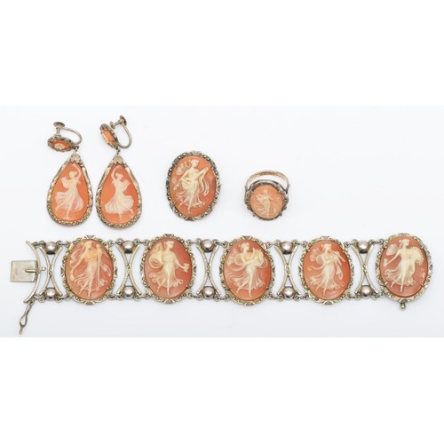 180 - A continental 800 silver suite of cameo jewellery, comprising of a ring, J, screw back drop earrings... 