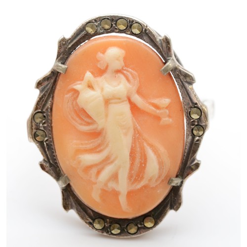 180 - A continental 800 silver suite of cameo jewellery, comprising of a ring, J, screw back drop earrings... 