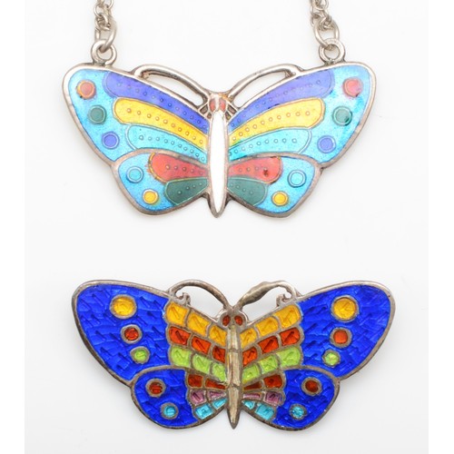 181 - A silver enameled butterfly brooch, 45mm, stamped DPG925 SILVER, together with a silver enameled but... 