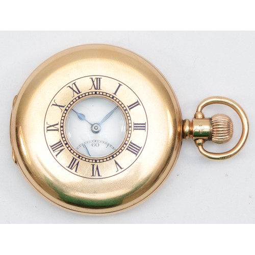 192 - Rolex; A 9ct gold cased half hunter key less wind pocket watch, with seventeen jewel lever signed mo... 