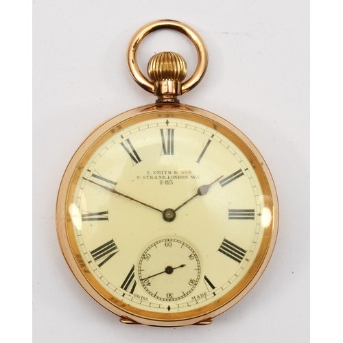 194 - S. Smith & son, A 14ct gold cased open faced key less wind pocket watch, circa. 1900s, the enameled ... 