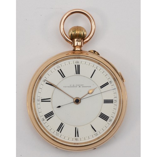 196 - C.E. Court of Ulverston & Grance, a 9ct gold open face key less wind chronograph pocket watch, Chest... 