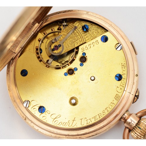 196 - C.E. Court of Ulverston & Grance, a 9ct gold open face key less wind chronograph pocket watch, Chest... 