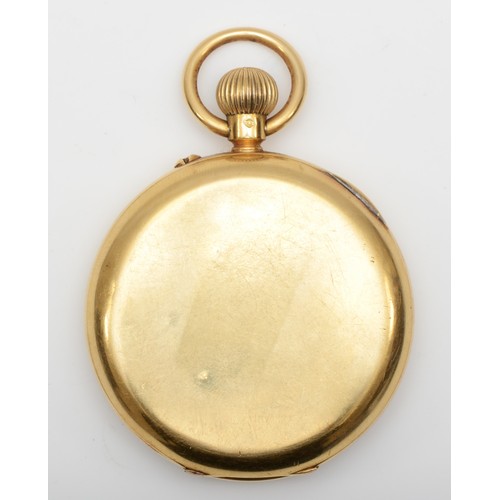 198 - Wright and Craighead, London, an 18ct gold open face keyless wind pocket watch, white enamel dial wi... 