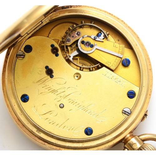 198 - Wright and Craighead, London, an 18ct gold open face keyless wind pocket watch, white enamel dial wi... 