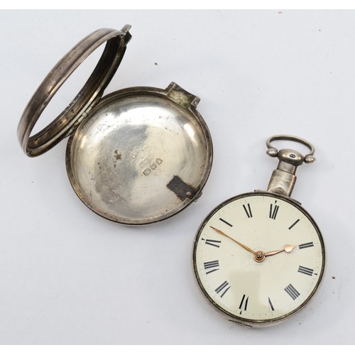 200 - J. Abell, Leicester, a George III silver pair cased verge pocket watch, the white enamel dial with R... 