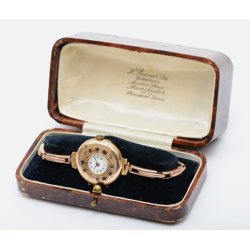 205 - A WWI 9ct rose gold ladies half hunter wristwatch, London import 1916, with expanding 9ct bracelet, ... 