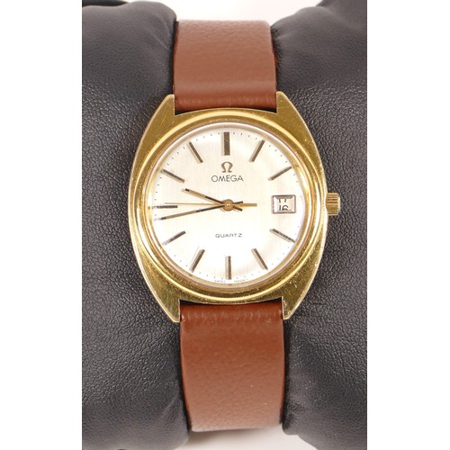 215 - Omega, quartz, a gold plated date gentleman's wristwatch, silvered dial with baton markers, 34mm.
Pu... 