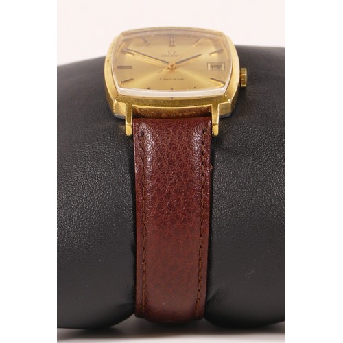 216 - Omega, Geneve, a gold plated manual wind date gentleman's wristwatch, ref 132.0052, c.1972, gilt dia... 