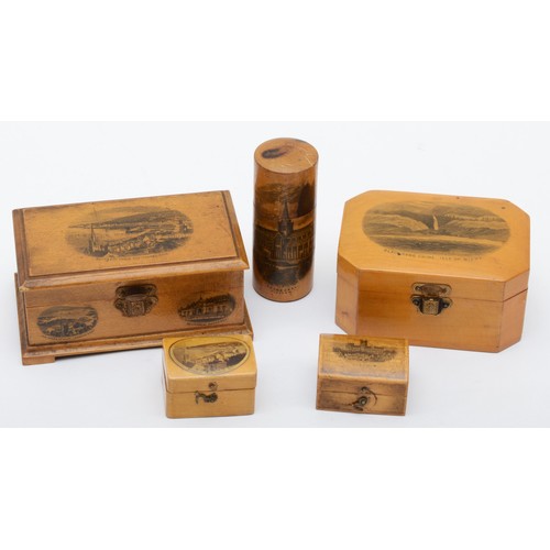 225 - Five pieces of 19th century Scottish Sycamore Mauchline ware, comprising of two boxes with Rothesay ... 