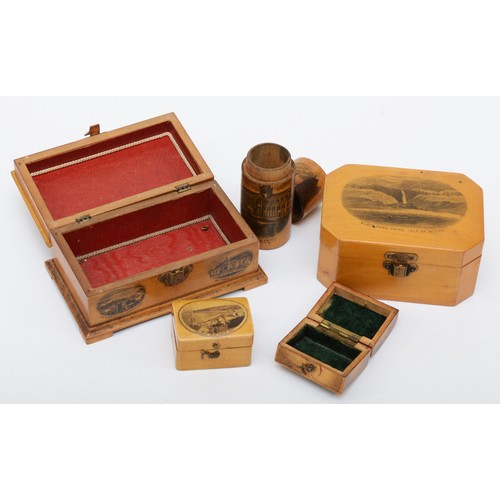 225 - Five pieces of 19th century Scottish Sycamore Mauchline ware, comprising of two boxes with Rothesay ... 