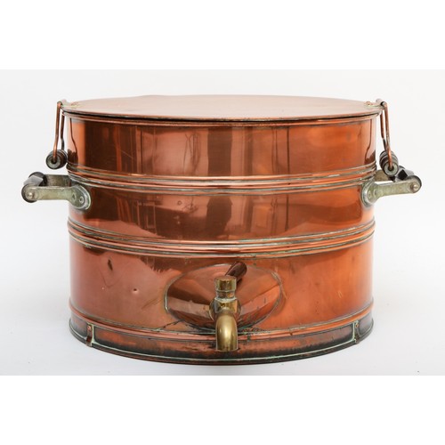 227 - A 19th/early 20th century copper twin handled lidded urn, the lid with swing turned wooden handes, t... 