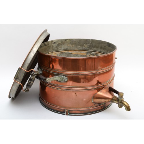 227 - A 19th/early 20th century copper twin handled lidded urn, the lid with swing turned wooden handes, t... 