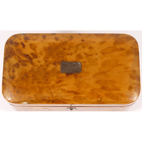 231 - A 19th century blonde tortoiseshell caddy, the hinged lid with engraved plaque opens to reveal twin ... 