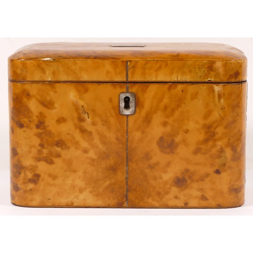 231 - A 19th century blonde tortoiseshell caddy, the hinged lid with engraved plaque opens to reveal twin ... 