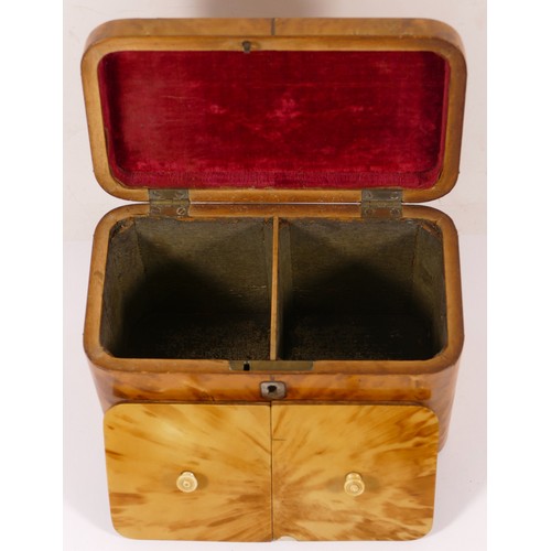 231 - A 19th century blonde tortoiseshell caddy, the hinged lid with engraved plaque opens to reveal twin ... 