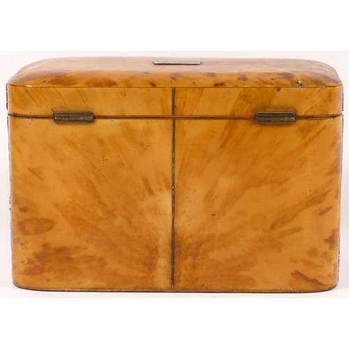 231 - A 19th century blonde tortoiseshell caddy, the hinged lid with engraved plaque opens to reveal twin ... 