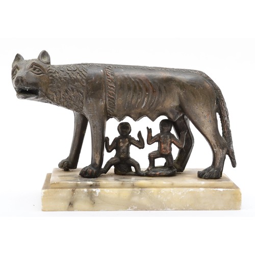 246 - After the Antique; a patinated spelter sculpture of Romulus and Remus raised on a rectangular grey m... 