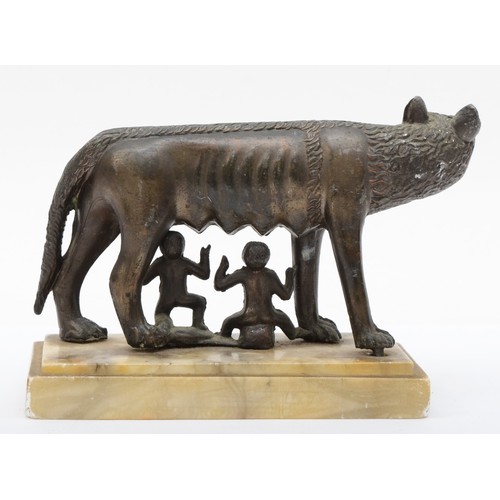 246 - After the Antique; a patinated spelter sculpture of Romulus and Remus raised on a rectangular grey m... 