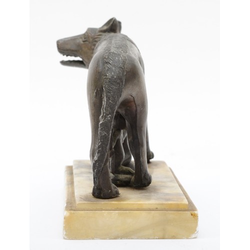 246 - After the Antique; a patinated spelter sculpture of Romulus and Remus raised on a rectangular grey m... 