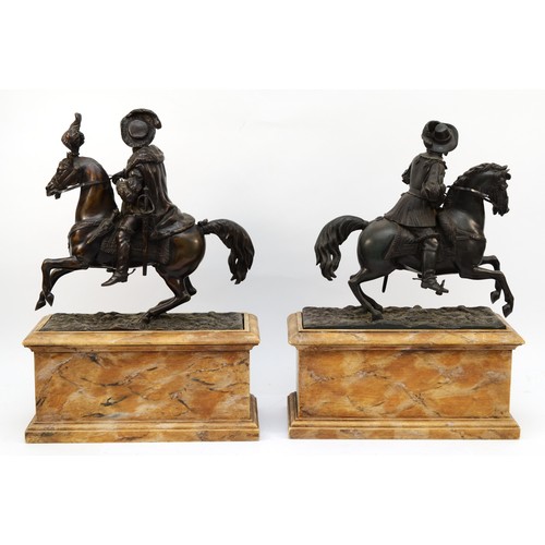 250 - A pair of late 19th/early 20th century, possibly French bronze rearing horses, each with a cavalier ... 