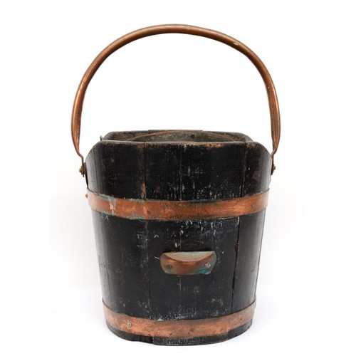 255 - A mid 20th century coopered oak coal bucket with swing handle and metal liner, lacking metal label 