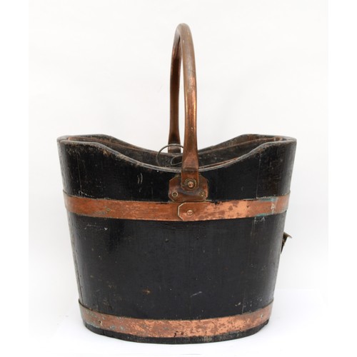 255 - A mid 20th century coopered oak coal bucket with swing handle and metal liner, lacking metal label 