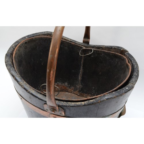 255 - A mid 20th century coopered oak coal bucket with swing handle and metal liner, lacking metal label 