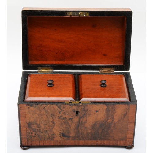 257 - A 19th century burr walnut veneered twin division tea caddy, the hinged lid opening to reveal twin l... 