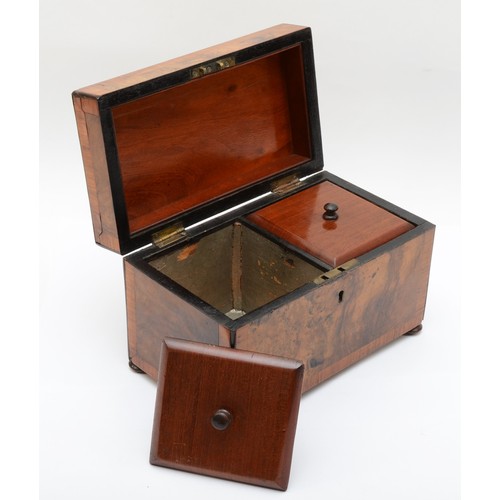 257 - A 19th century burr walnut veneered twin division tea caddy, the hinged lid opening to reveal twin l... 