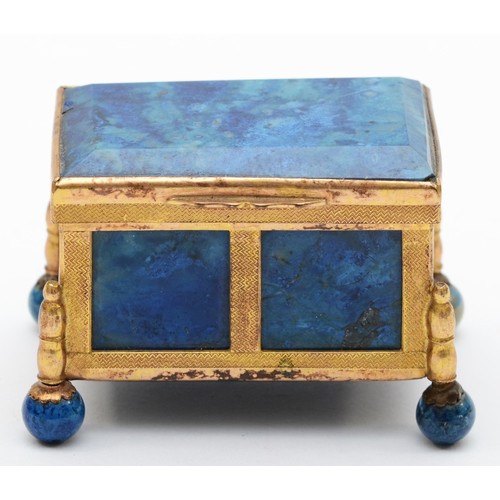 260 - A 19th century gilt metal and lapis lazuli casket, raised on ball feet, 5 x 3.5 x 4cm